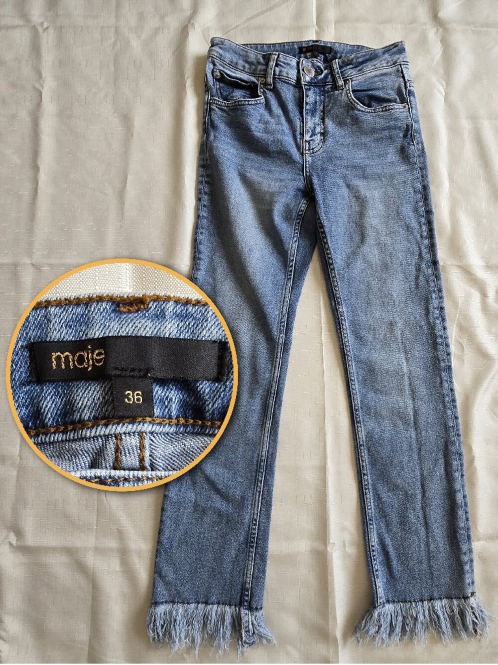 Maje Paris Fringe Hem Straight Leg Jeans Size 36 US 4 Light Wash